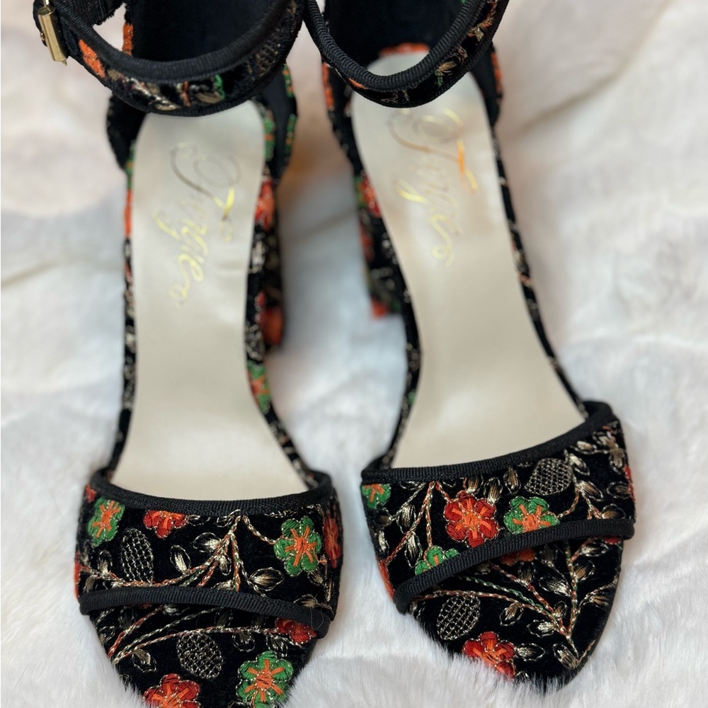 Fergie Black Heels with Vibrant Floral Design